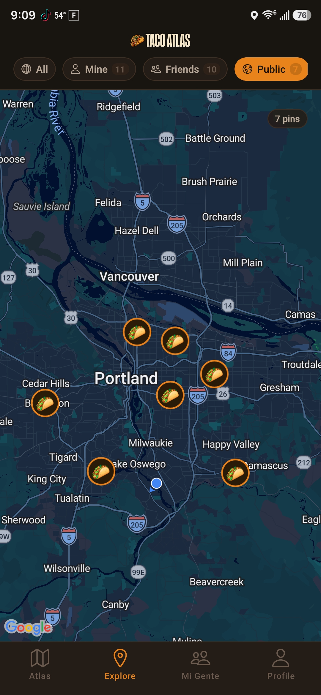 Taco Atlas explore map showing taco pins across the Portland metro