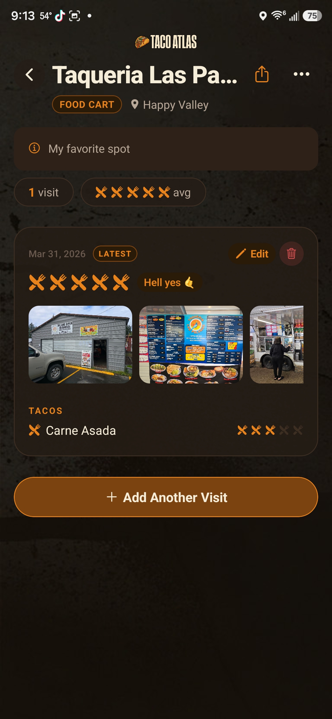 Taco Atlas venue profile for a food cart with visit log, photos and ratings
